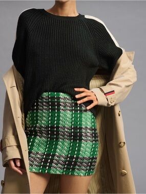 Anthropologie English Factory Green Plaid Bouclé Mini Skirt Size M